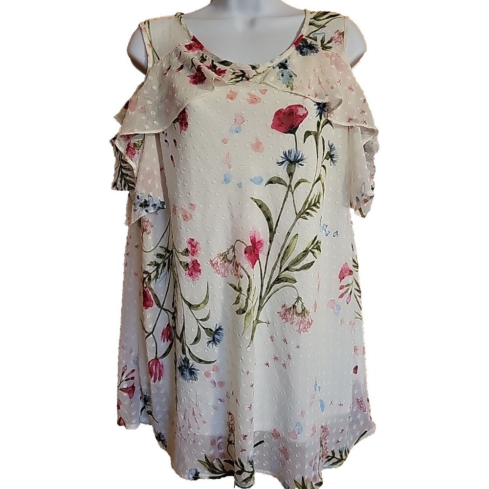 ROZ & ALI Women's 1X Ivory Floral Ruffle Cold Shoulder Short Sleeve Blouse EUC